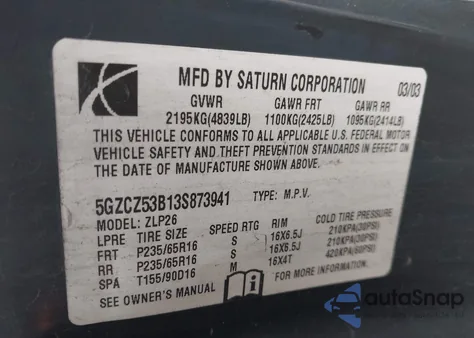 2003 Saturn Vue V6 z USA, uszkodzony, nr VIN 5GZCZ53B13S873941